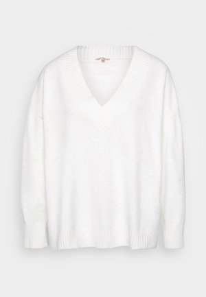 Pulôver branco, oversized, com decote em V, tecido texturizado e punhos e bainha canelados. Material suave com uma aparência felpuda.