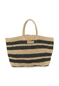 Stor vävd strandväska i naturlig strå och svarta ränder. Har två robusta handtag och en rektangulär form. Inkluderar en märkesläderlapp.