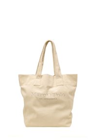Beige corduroy schoudertas met twee handvatten; voorzien van een reliëf "Marc O'Polo" logo en een gestructureerd verticaal streepjespatroon.
