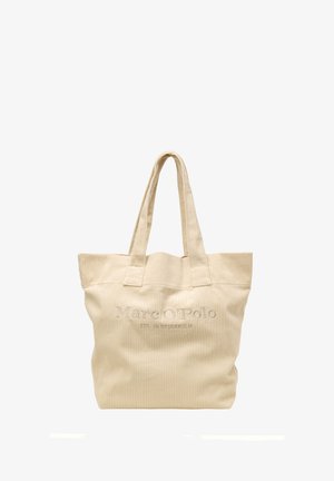Beige Cordura-Tasche mit zwei Griffen; mit geprägt "Marc O'Polo" Logo und einem strukturierten vertikalen Streifenmuster.