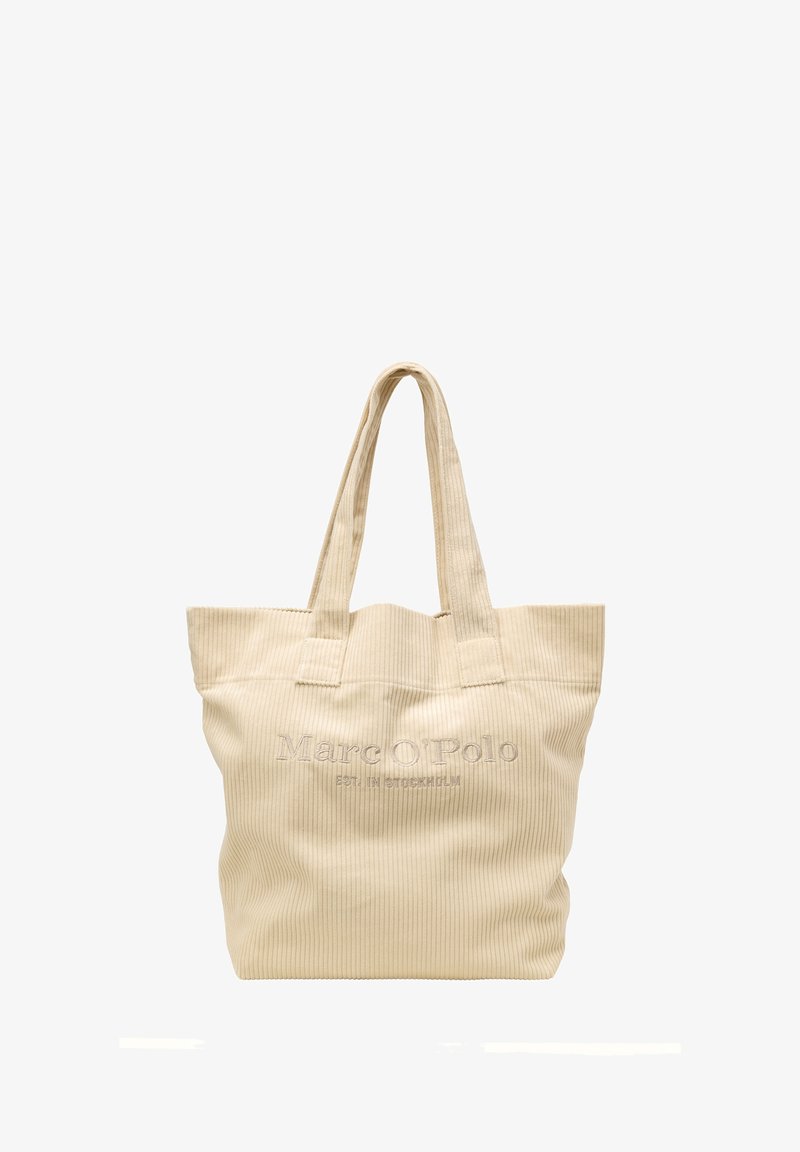 Beige Cordura-Tasche mit zwei Griffen; mit geprägt "Marc O'Polo" Logo und einem strukturierten vertikalen Streifenmuster.