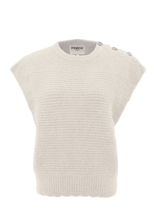Gebreide mouwloze trui in crème met geribde zoom en drie knopen langs de linkerschouder, met het label "Frnch Paris."