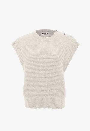 Pull sans manches en maille crème avec ourlet côtelé et trois boutons le long de l'épaule gauche, étiqueté "Frnch Paris".