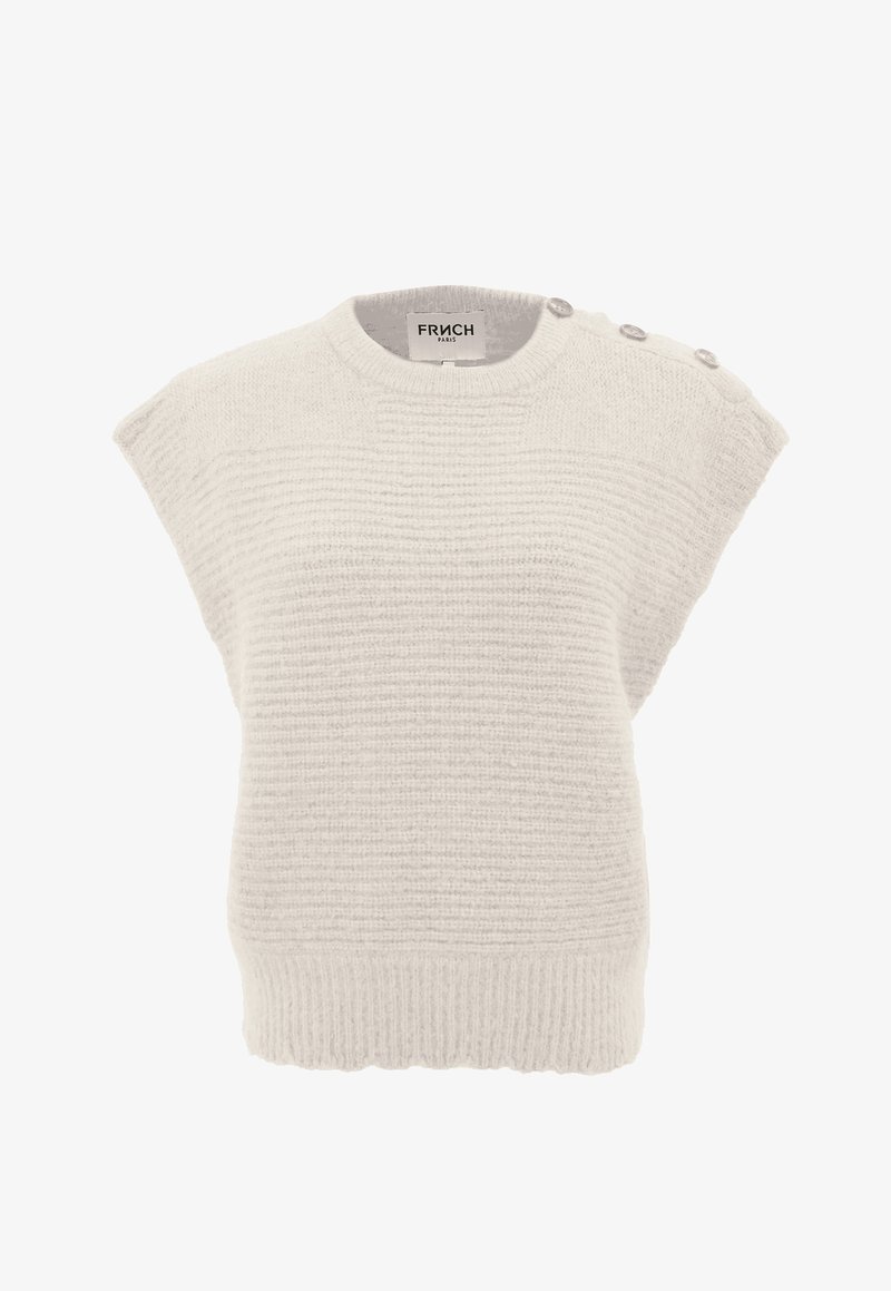 Pull sans manches en maille crème avec ourlet côtelé et trois boutons le long de l'épaule gauche, étiqueté "Frnch Paris".