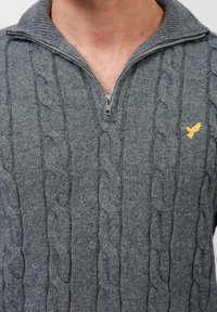 Uomo che indossa un maglione grigio a trecce con zip grigia e un piccolo logo di un uccellino giallo sul lato sinistro del petto.