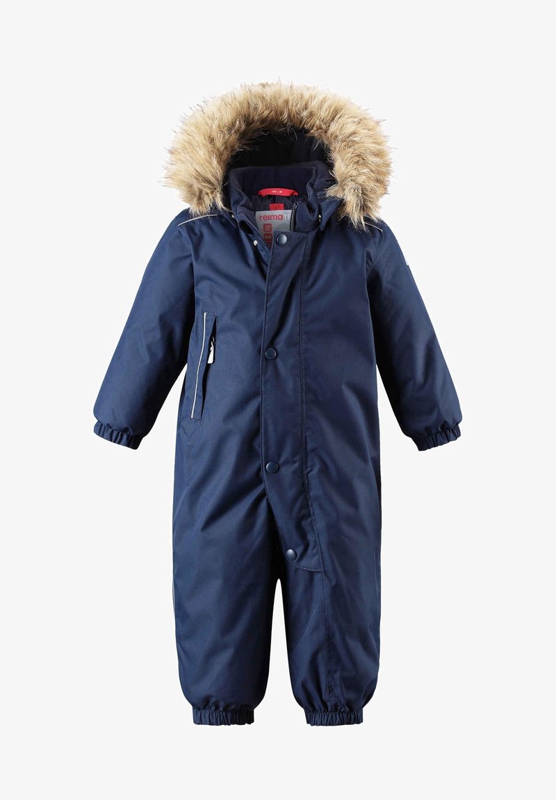 Navy blauwe geïsoleerde sneeuwpak met een faux fur gevoerde capuchon, elastische manchetten, sluiting met drukknopen aan de voorkant en zijzak met rits. Waterdichte stof.