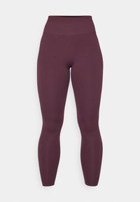 Bordeaux hoge taille leggings van een gladde, rekbare stof. Volledige lengte, naadloos bij de taille, zonder zichtbare hardware of patronen.