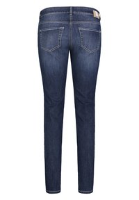 Dark blue denim jeans with a fitted design, featuring two back pockets and a waistband tag. The fabric has a smooth texture and minimal fading.