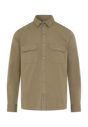 Camicia beige a maniche lunghe con bottoni, due tasche frontali con patta, colletto e polsini con bottoni, mostrata su sfondo bianco.