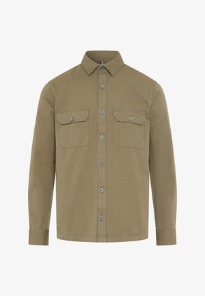 Camicia beige a maniche lunghe con bottoni, due tasche frontali con patta, colletto e polsini con bottoni, mostrata su sfondo bianco.
