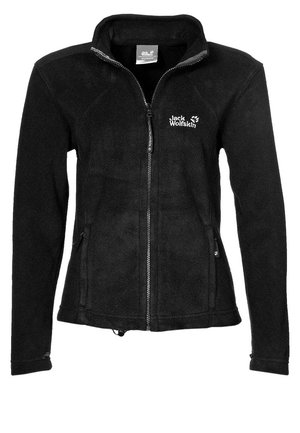 Zwarte fleecejas met volledige rits, hoge kraag, lange mouwen, zijzakken en het "Jack Wolfskin"-logo op de linkerborst.