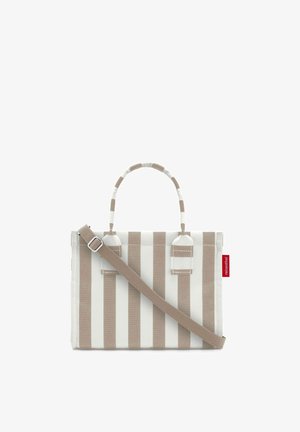 Beige and white vertical striped handbag with rounded handles and an adjustable matching shoulder strap, featuring a small red brand tag.