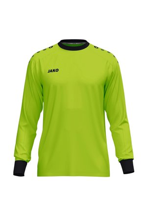 Lysende grøn langærmet sportsjersey med sorte manchetter og krave, JAKO-logo på venstre bryst, prikket mønster på skuldrene, ingen synlig person.