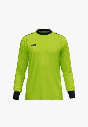 Felgroen sportshirt met lange mouwen, zwarte boorden en kraag, JAKO-logo op de linkerborst, stippenpatroon op de schouders, geen zichtbare persoon.