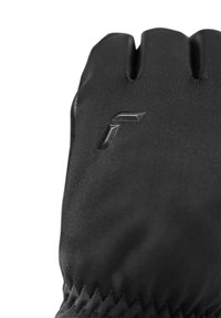 Schwarze Handschuhe aus glattem Material mit strukturiertem Handflächenbereich. Sie verfügen über ein auffälliges, geprägtes Logo und ein fingerloses Design für eine verbesserte Beweglichkeit.