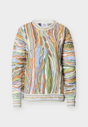 Flerfarvet strikket trøje med bølgede mønstre i grønne, blå, orange og gule nuancer; tekstureret stof med ribstrikkede manchetter og kant.