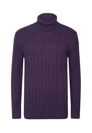 Lila dick gestrickter Rollkragenpullover mit langen Ärmeln, ausgestattet mit einem gerippten Kragen und Saum sowie einem strukturierten Muster über den gesamten Stoff.