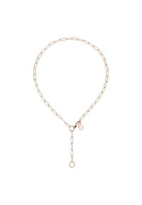 Roségoldene Gliederkette mit verlängertem Kettendesign, ausgestattet mit einem Verschluss und einem hängenden Anhänger mit einem kreisförmigen Akzent.