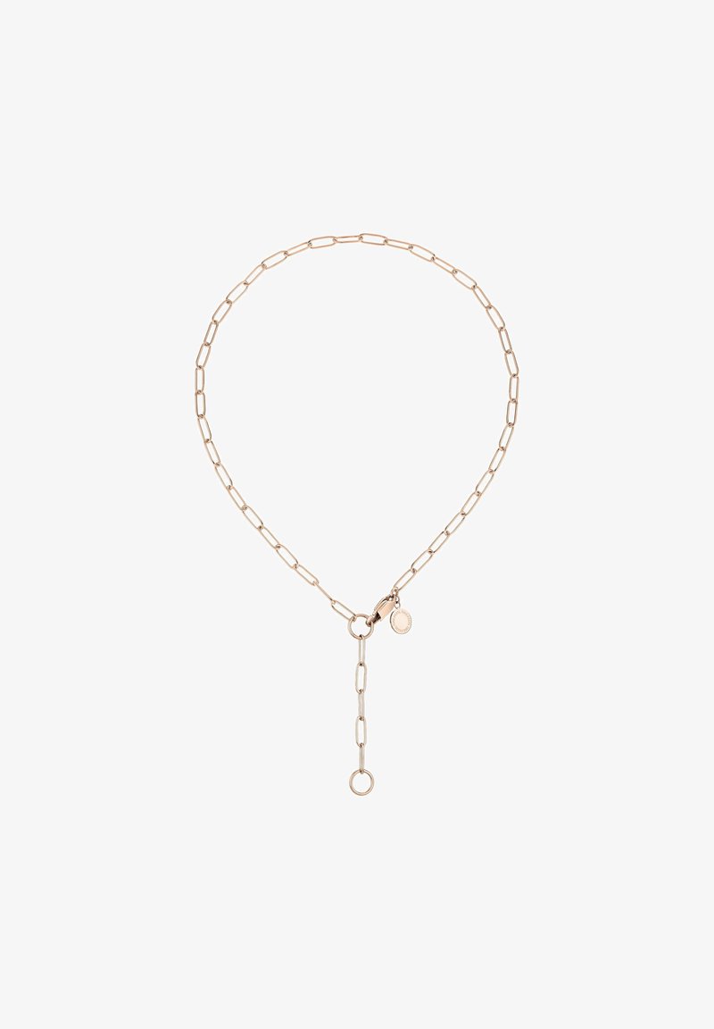 Roségoldene Gliederkette mit verlängertem Kettendesign, ausgestattet mit einem Verschluss und einem hängenden Anhänger mit einem kreisförmigen Akzent.