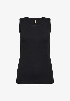 Black sleeveless tank top made from ribbed fabric. Features a round neckline and a fitted silhouette without embellishments or patterns.