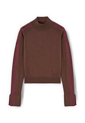 Brązowy sweter z wysokim kołnierzem, z bordowymi paskami po bokach i ściągaczami na mankietach. Tkanina wydaje się miękka i gładka w dotyku.