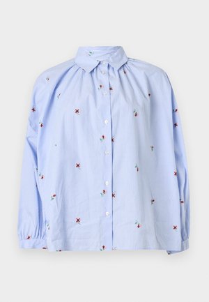 Ανοιχτό γαλάζιο ριγέ μπλουζάκι με μακριά μανίκια, μικρή κόκκινη κεντημένη λουλουδένια διακόσμηση, κουμπιά στο μπροστινό μέρος και κλασικό γιακά.