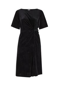 Rochie neagră dintr-un material texturat, cu un detaliu încrucișat la talie, mâneci scurte și un design până la genunchi, cu o fenduire pe laterale.