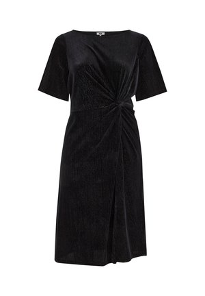 Schwarzes Kleid aus strukturiertem Stoff, mit einem Twist-Detail an der Taille, kurzen Ärmeln und einem knielangen Design mit einem Seiten-Schlitz.