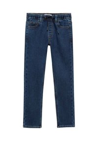Mörkblå denimjeans med elastisk midja, dragsko och framfickor. Sl�ät textur och slim fit-design.