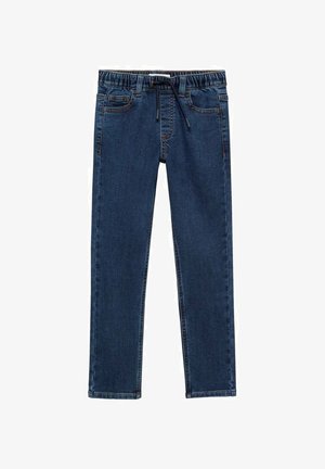 Džins hlače temno modre barve z elastičnim pasom, vrvico in sprednjimi žepi. Gladka tekstura in ozek kroj.