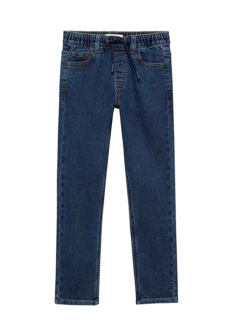 Džins hlače temno modre barve z elastičnim pasom, vrvico in sprednjimi žepi. Gladka tekstura in ozek kroj.