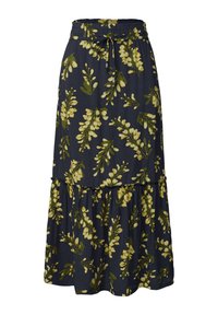 Jupe midi bleu marine avec taille élastique et lien, décorée d'un motif floral jaune et vert et d'un volant froncé près de l'ourlet.
