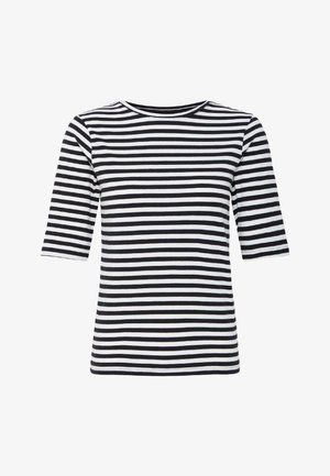 Zwart-wit horizontaal gestreept shirt met korte mouwen en een ronde hals, afgebeeld op een effen witte achtergrond.