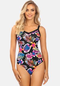 Czarny strój kąpielowy z dekoltem w serek, ozdobiony kolorowymi wzorami tropikalnych kwiatów i liści w odcieniach różu, niebieskiego i zielonego. Regulowane ramiączka.