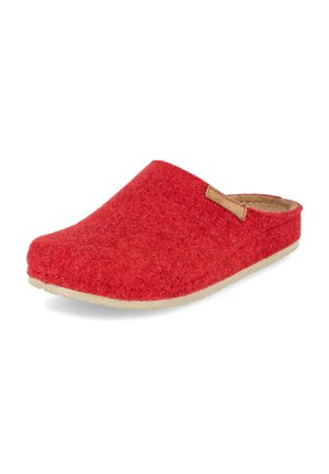 Roter Filz-Hausschuh zum Hineinschlüpfen mit beiger Sohle und kleinem beigefarbenem Lasche nahe der Öffnung, für den Innenbereich konzipiert.