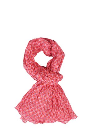 Leichte rosa Schal mit einem wellenförmigen Muster in Weiß und Gelb. Hat eine weiche, transparente Textur und unregelmäßige Kanten für ein fließendes Aussehen.