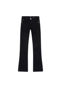 Svart utsvängda jeans i denim, med medelhög midja, framfickor och knappstängning. Slät struktur utan synliga mönster.