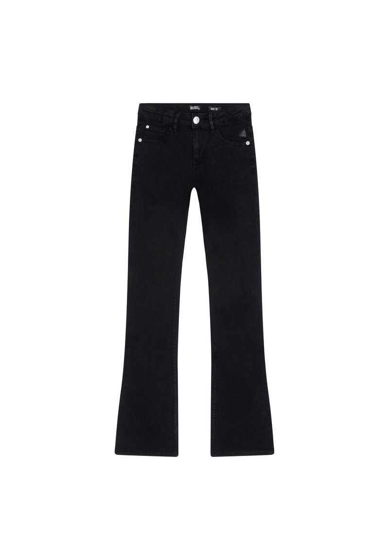 Svart utsvängda jeans i denim, med medelhög midja, framfickor och knappstängning. Slät struktur utan synliga mönster.