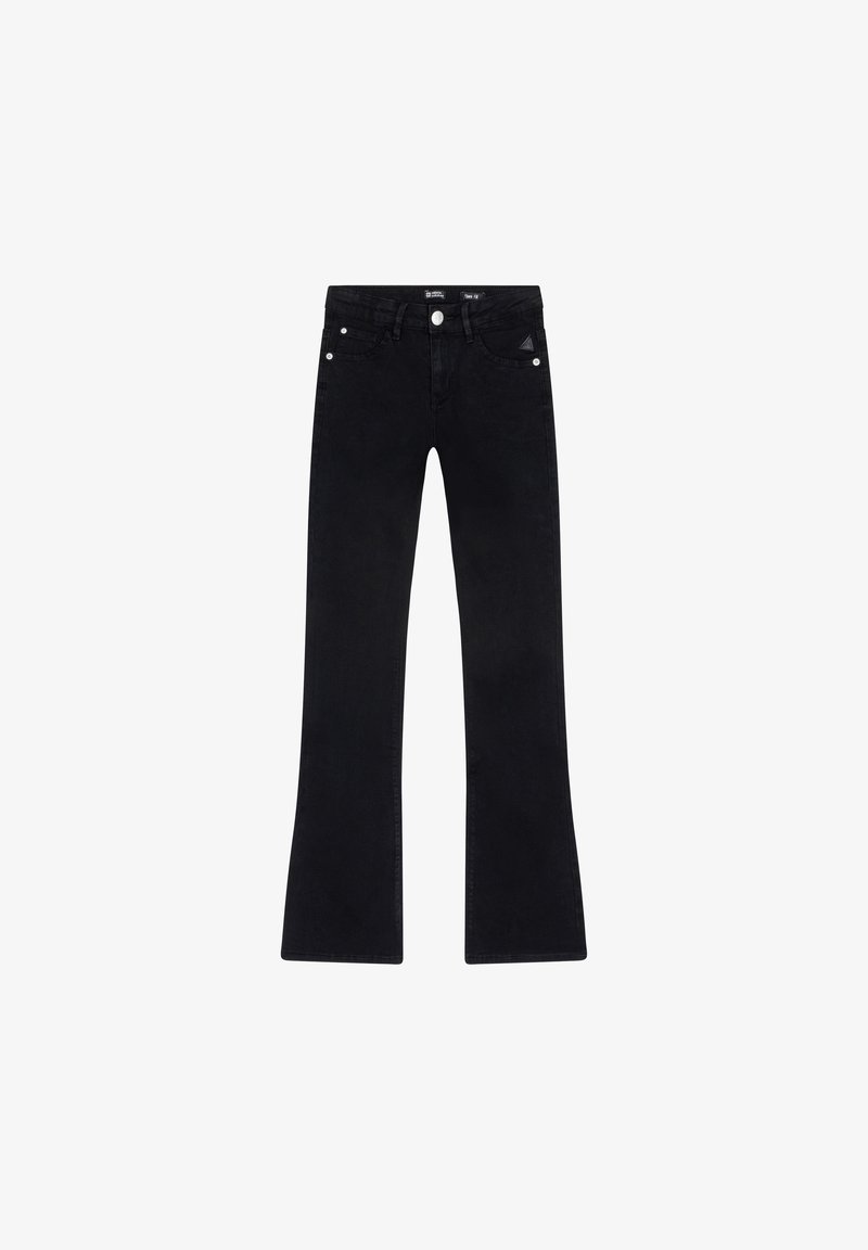 Svart utsvängda jeans i denim, med medelhög midja, framfickor och knappstängning. Slät struktur utan synliga mönster.