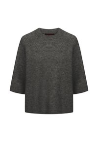 Donkergrijze short-sleeve gebreide trui met een ronde halslijn en een relaxte pasvorm, weergegeven op een witte achtergrond.