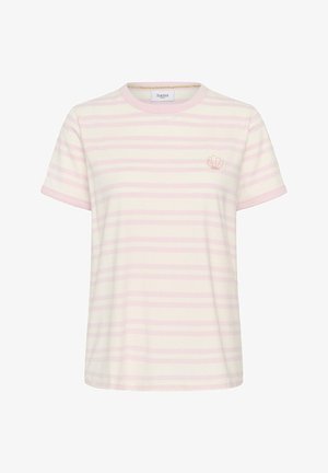 Korte mouw T-shirt met ronde hals, lichtroze en crème horizontale strepen en een kleine roze schelpenborduring op de linkerborst.