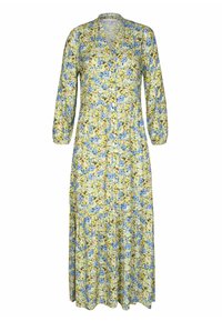 Robe florale dans des nuances de jaune et de bleu, avec un col, des manches longues, une fermeture à boutons sur le devant et une jupe fluide avec une taille froncée.
