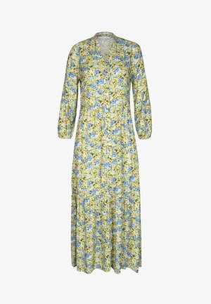 Vestido floral en tonos amarillos y azules, con cuello tipo camisa, mangas largas, cierre de botones en la parte delantera y falda fluida con cintura fruncida.