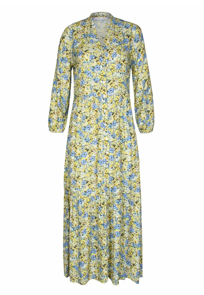 Robe florale dans des nuances de jaune et de bleu, avec un col, des manches longues, une fermeture à boutons sur le devant et une jupe fluide avec une taille froncée.