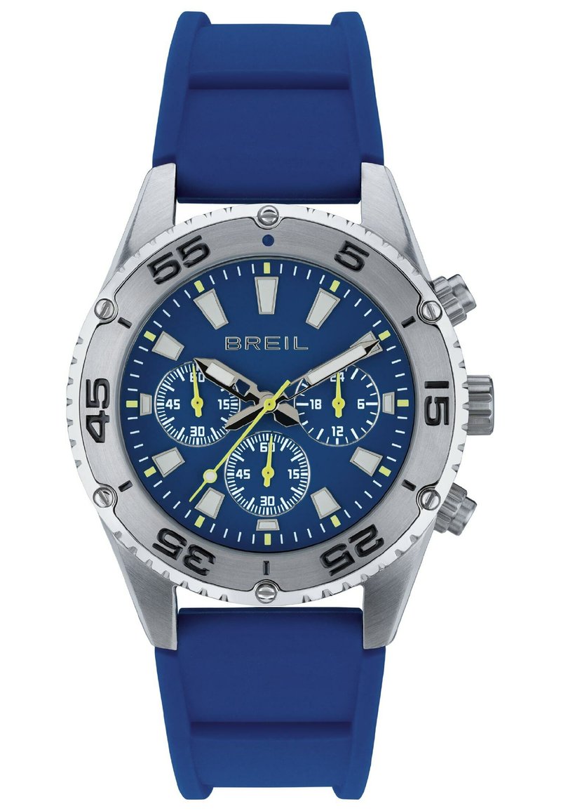 Orologio cronografo con quadrante blu, lunetta in acciaio inossidabile argentato, grandi indici delle ore, tre sub-quadranti e cinturino in silicone blu.