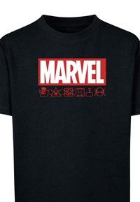 Black cotton t-shirt featuring a large red "MARVEL" logo and red symbols below, representing various superhero icons and warnings.