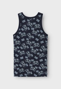 Débardeur bleu marine avec un motif de manettes de jeu et le texte "GAME OVER" en bleu clair, fabriqué à partir d'un tissu doux.