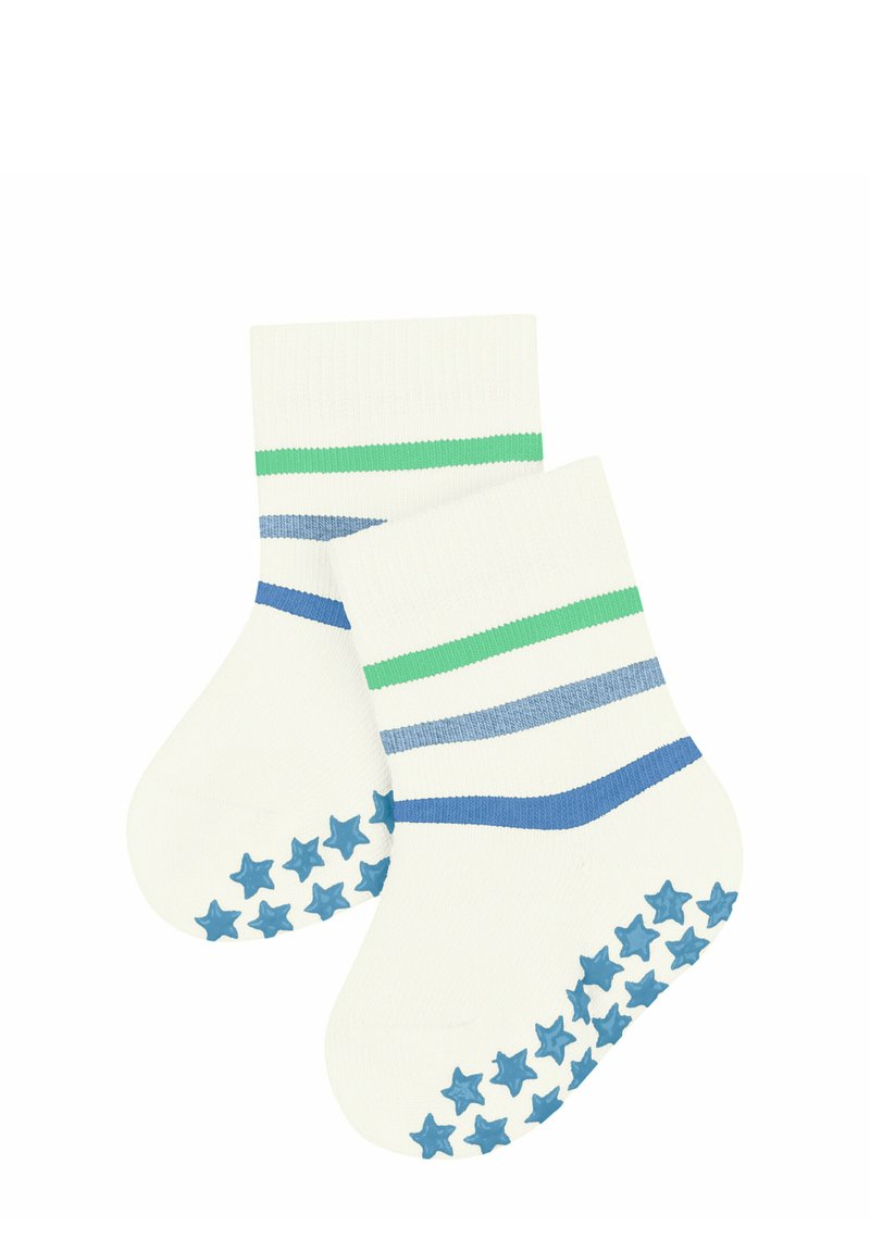 Baumwollsocken mit weißem Stoff und grünen sowie blauen Streifen. Rutschfeste blaue Sternmuster auf den Sohlen. Knöchelhöhendesign.