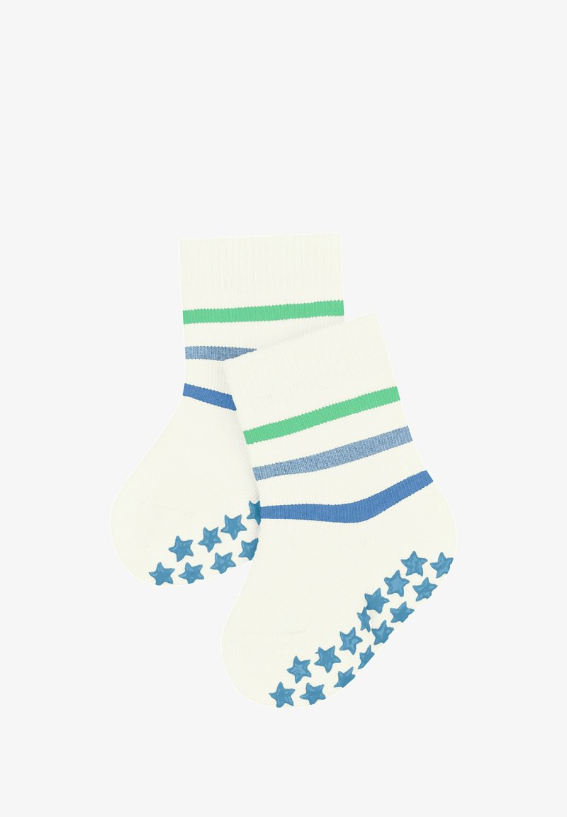 Baumwollsocken mit weißem Stoff und grünen sowie blauen Streifen. Rutschfeste blaue Sternmuster auf den Sohlen. Knöchelhöhendesign.