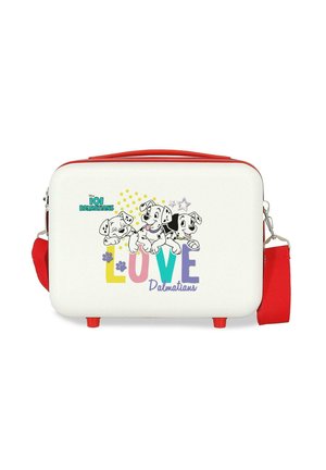 Bolso rectangular blanco con asa y correa rojas, con tres cachorros dálmatas juguetones y texto multicolor "LOVE Dalmatians" en el frente.